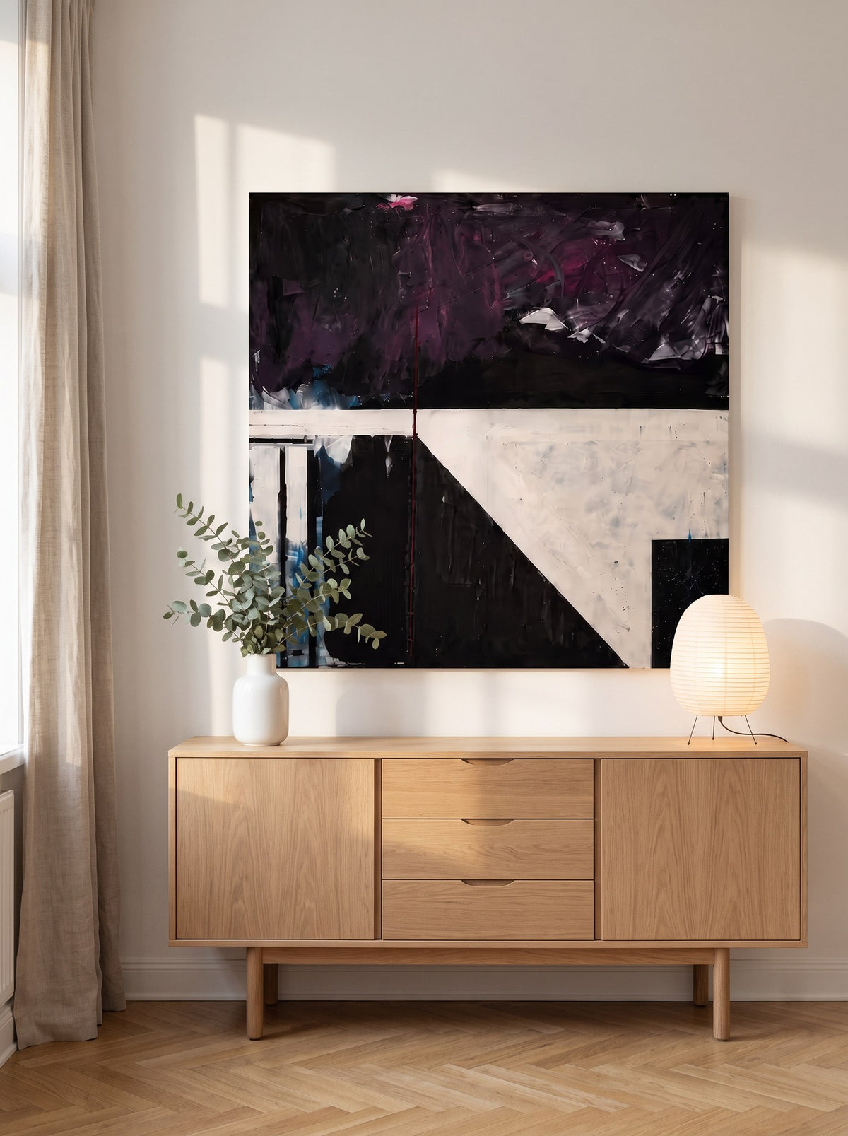 Nachhall über einem Sideboard aus Eiche im Abendlicht (Visualisierung)