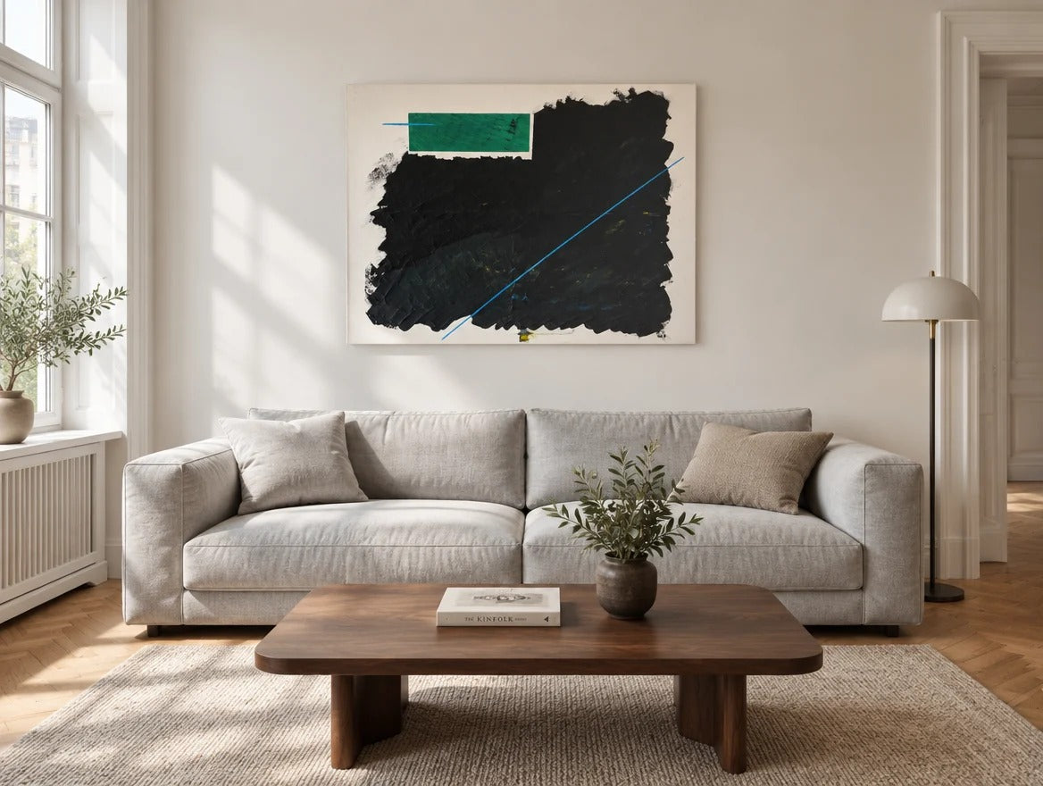 Restlicht über einem hellen Sofa im Altbau-Wohnzimmer (Visualisierung)